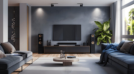 Modern living room with sleek entertainment system and smart lighting