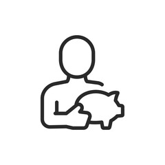 Person holding piggy bank, linear style icon. Individual holding a piggy bank, symbolizing savings or investment. Editable stroke width.