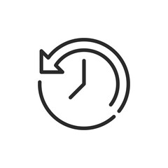 Rewind time. Clock with reverse arrow, linear style icon. Clock showing time with a reverse arrow indicating backward or previous time. Editable stroke width.