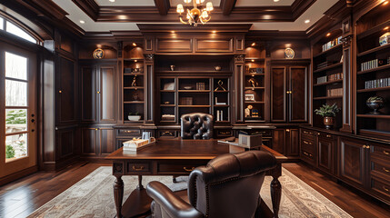 Obraz premium Sophisticated home office with mahogany desk and leather chair