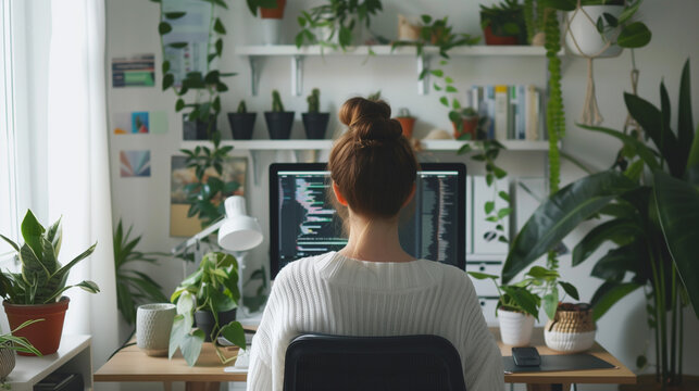 A programmer focused on writing code in her minimalist, organized home office, enriched with plants and artistic interior design.