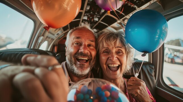 Close-up of a middle-aged man and woman smiling with excitement inside a plane, balloons in hand, photographed from a dynamic angle to emphasize their joy and journey
