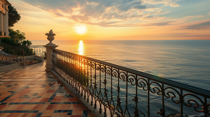 Obraz premium The balustrade is in a Mediterranean style, with terracotta tiles and decorative wrought iron elements.