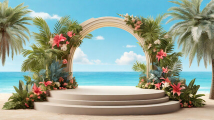 Fototapeta premium Summer beach pedestal with arch, simple round stand on the sand beach with tropical flowers. Product presentation concept. 