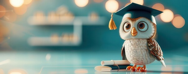 Owl with graduation cap, holding a diploma, in a futuristic 3D classroom, innovative learning