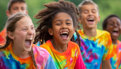 A group of kids laughing and enjoying outdoors wearing vibrant tie-dye shirts embodying the joy and carefree spirit of childhood