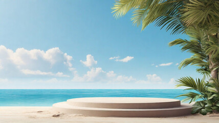 Summer beach pedestal, simple round stand on the sand beach with tropical greenery. Product presentation concept.	