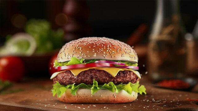Burger falling beef, bun, vegetables slow motion, depth of field