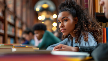 A focused student with curly hair in a vibrant library deeply engaged in studies creating an inspiring atmosphere of academic dedication and concentration