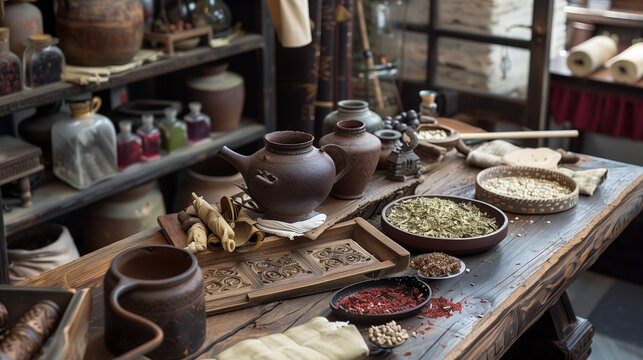 Herbal compresses and ancient remedies are displayed, emphasizing the traditional approach to manual therapy.