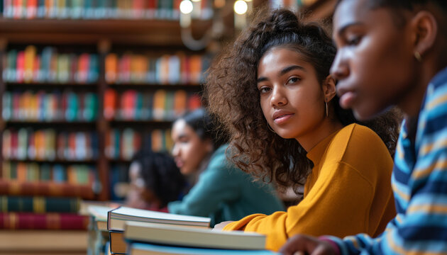 Focused students in a vibrant library immersed in their studies creating an atmosphere of knowledge and academic dedication