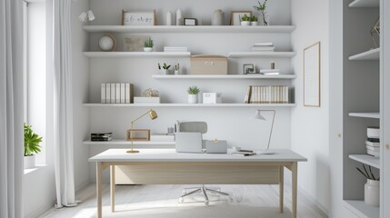 Close-up of a minimalist home office space in a white house, with sleek furniture, organized shelves, and a clutter-free environment ideal for productivity