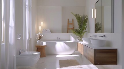 Fototapeta premium A serene and minimalistic bathroom interior in a white house, featuring clean lines, contemporary fixtures, and a spa-like atmosphere for relaxation