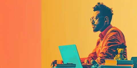 A young professional is sitting at his desk, looking at his laptop He is wearing a casual shirt and glasses The background is a bright, warm color The image is cropped so that only his head and