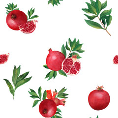Seamless pattern with pomegranates and leaves. Hand drawn watercolor illustration on white background for print, wrapper, textile, fabric, textile