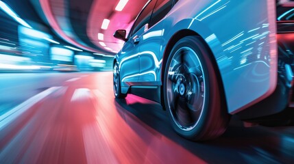 Fototapeta premium Close-up of an electric car in motion, captured with a blurred background to emphasize speed and eco-friendly technology