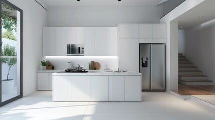 Fototapeta premium A clean and uncluttered kitchen interior in a modern white house, designed with minimalist cabinets, sleek appliances, and functional space for culinary creativity