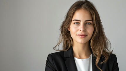 Obraz premium An elegant portrait of a confident young woman presenter against a plain background, highlighting her charm and ability to connect with the audience
