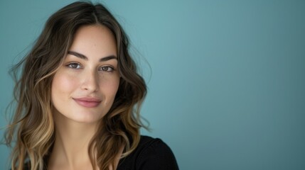 A headshot of a young, beautiful woman presenter with a solid color background, emphasizing her articulate expression and natural charisma