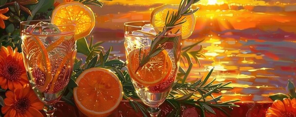 Two refreshing cocktails with orange slices and flowers on a table by the sea at sunset, creating a vibrant and relaxing atmosphere.