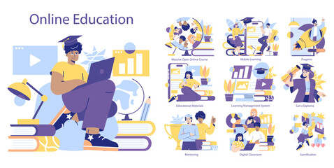 Naklejka premium Online Education. Flat Vector Illustration