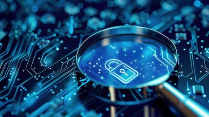 Fototapeta premium Magnifying glass, blue circuit board background, lock icon, front view, highlights data protection, technology tone, complementary color scheme