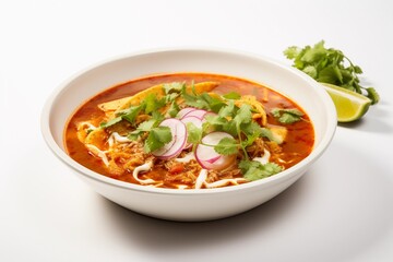 A bowl of Mexican pozole soup with radish and cilantro