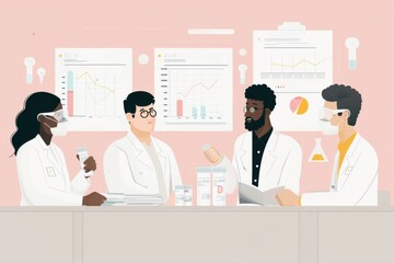 Scientists of different ethnicities discuss their research in a lab.
