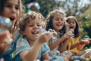 Family having a wonderful time in the garden, children blowing bubbles while parents smile and watch