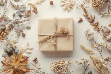 Artistic flat lay of gift box surrounded by dried flowers, providing plenty of room for text