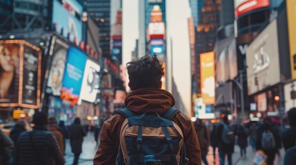 Fototapeta premium An adventurous traveler embraces the fast-paced lifestyle of the city, weaving through crowds and skyscrapers with a sense of purpose and determination, embodying a dynamic and ambitious spirit, with