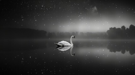 Against a dark starry sky a lone swan floats gracefully on a calm lake its silhouette reflected in the still water. Black and white art