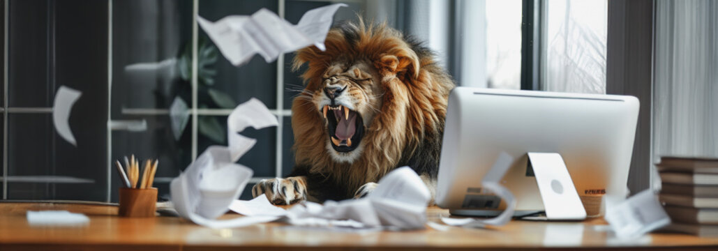 Furious lion businessman shouting at computer