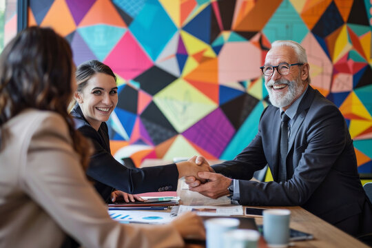 A dynamic group of business people shaking hands and smiling in an office setting, with colorful geometric patterns on the walls