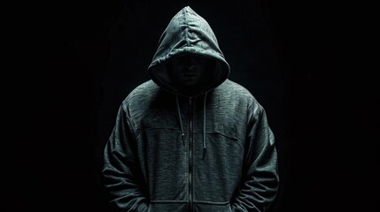 Faceless man in hoodie standing isolated on black, concept of hacker, thief, dark demon, mysterious creature, Halloween character, secret
