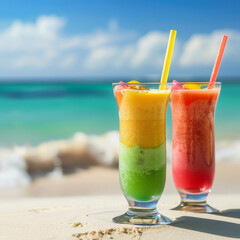 Obraz premium Two colorful smoothies in tall glasses with straws, blur sandy beach on background