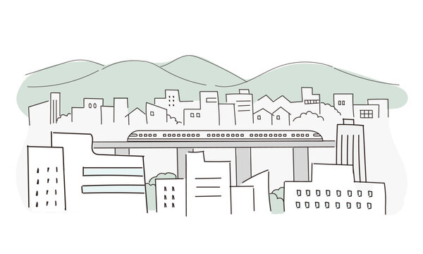 cityscape train passing mountains, minimalist style clip art preview