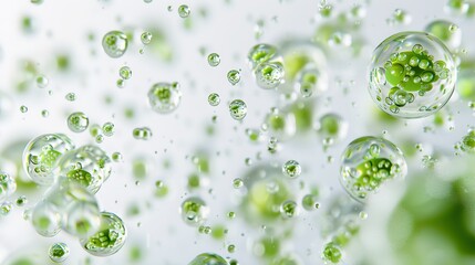 Ethereal underwater scene with translucent bubbles, algae cells, and water droplets revealing emission phenomena