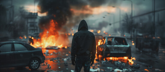 A lone figure amidst burning cars in a city riot