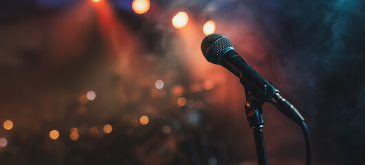 Obraz premium A close-up of a microphone on a stage with blurry lights