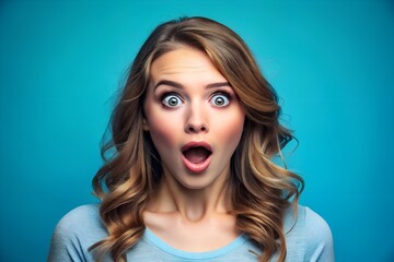 Surprised young woman with wide eyes and open mouth on blue background