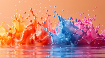 An image depicting various colorful paint splashes including orange, pink, and blue, creating a...