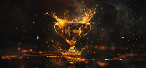 Golden trophy splashing into victory on a dark background