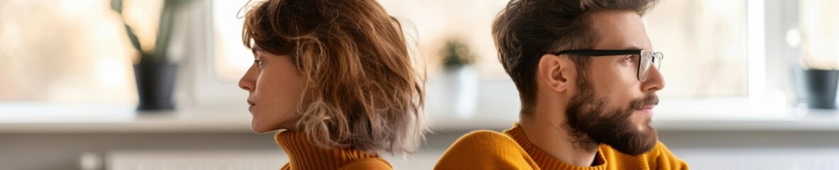 Obraz premium Couple facing away from each other on couch, natural daylight, mid-angle, cold and distant, relationship breakdown, illustrated