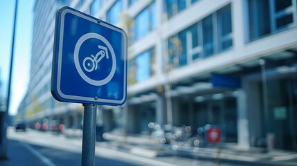 Blue Bike Lane Sign in Urban Cityscape with Modern Buildings
