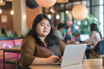 Fototapeta premium Overweight woman working on laptop in a busy cafe, focused and writing notes. Capturing productivity, concentration, and modern work environment in a social setting