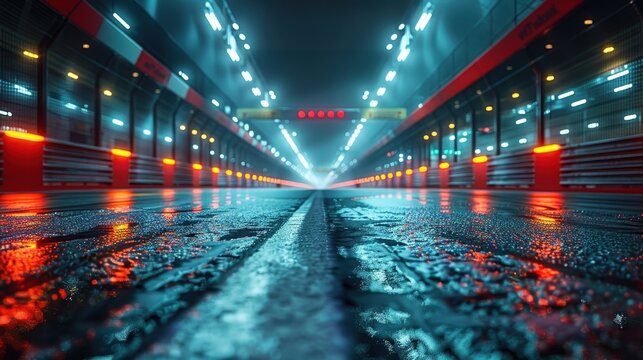 An empty racing pit lane illuminated by bright neon lights at night. The wet pavement reflects the lights, creating a sleek and futuristic atmosphere, perfect for motorsport themes.