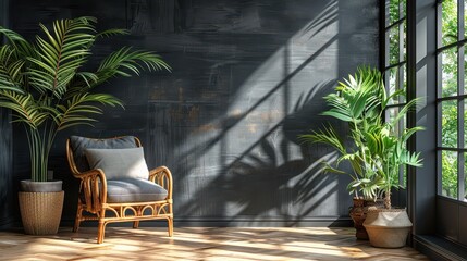 A brightly lit room featuring a bamboo chair with a gray cushion, large green plants in pots, and big windows casting shadows, creating a refreshing and serene ambiance.