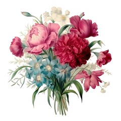 Obraz premium Elegant bouquet of peonies and wildflowers in pink, red, blue, and white, beautifully arranged for decorative purposes.