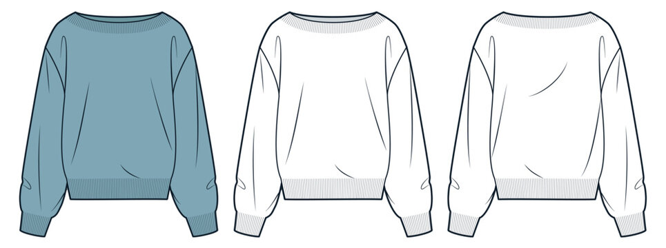  Sweater technical fashion illustration. Sweatshirt fashion flat technical drawing template, boat neck, oversize, front and back view, white, blue green, women, men, unisex Top CAD mockup set.